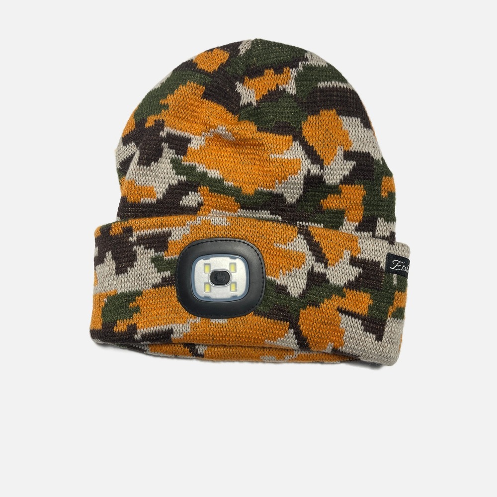 Etsfmoa LED Beanie Hat with Light Camo Knit Cuffed Headlamp‎ Cap Orange Green